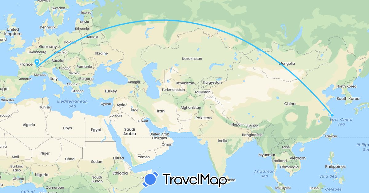 TravelMap itinerary: driving, boat in China, France (Asia, Europe)